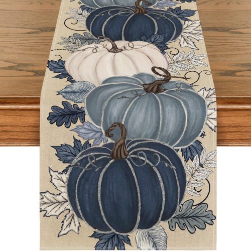 Blue and White Porcelain Pumpkin Ink 210 GSM Fall Table Runner, Seasonal Autumn Kitchen Dining Table Decoration for Home Party Decor 13x36 Inch