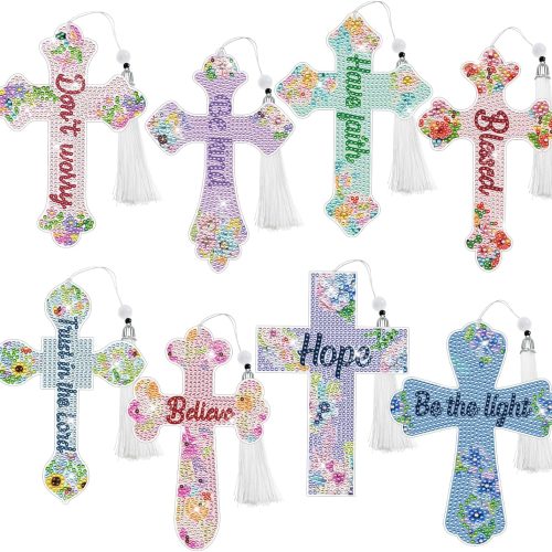 Cross Diamond Painting Bookmarks - 8PCS 5D Diamond Art Bookmark Kits with Tassel Bible Verse Rhinestone Page Marks Inspirational Christian Bookmarks for Reading Lover Book Decor DIY Crafts Gift