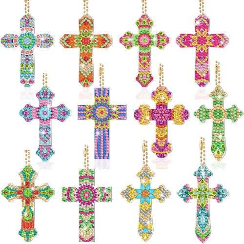 Glenmal 12 Pcs Easter Diamond Painting Keychains Cross Diamond Art Keychains Kits for Adults Religious Crosses Ornaments 5D Key Chain Christian Rhinestones Bookmarks Key Rings for DIY Crafts Gifts