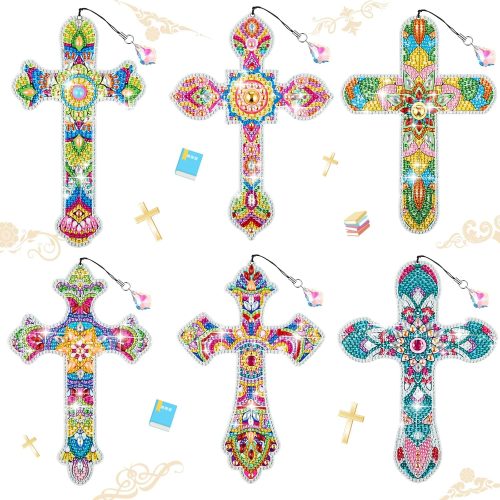 Ireer 6 Pcs Cross 5D Diamond Art Kit for Adult DIY Painting Kit Christmas Religious Christians Gifts Crystal Cross Diamond Bookmarks for Reading Lover Home Office DIY Crafts, 6 Styles