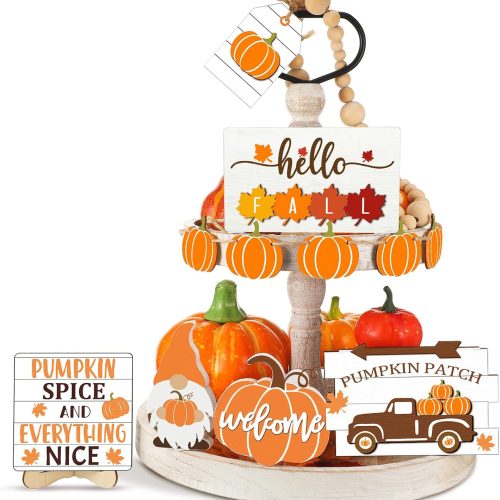 Thanksgiving Fall Tiered Tray Decor Set Pumpkin Maple Leaves Gnome Wood Sign Hello Fall Rustic Farmhouse Wood Bead Decorative Tabletop Signs for Autumn Thanksgiving Day Table Holiday