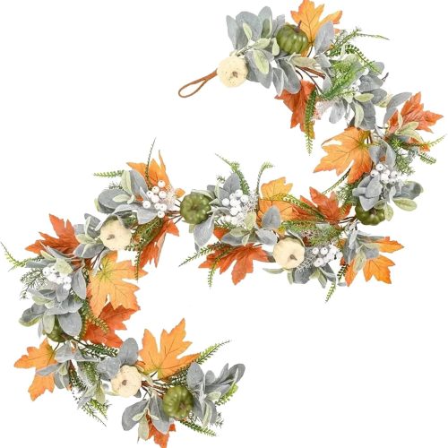 5.9FT Fall Decor Fall Garland with Pumpkin, Plush Rattan and Fern, Fall Decorations Maples Leaves Garland Autumn Harvest Halloween Thanksgiving Decor Indoor Outdoor