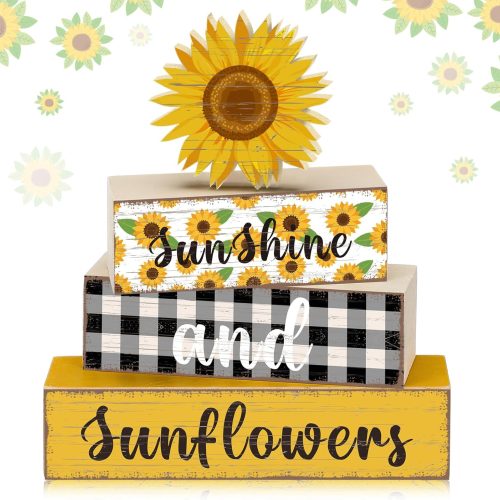 4 Pcs Sunflower Wood Table Decor Sunflower Wood Table Block Decoration Tiered Tray Decor Wooden Tabletop Sign Farmhouse Rustic Wooden Sign Centerpieces for Home Party