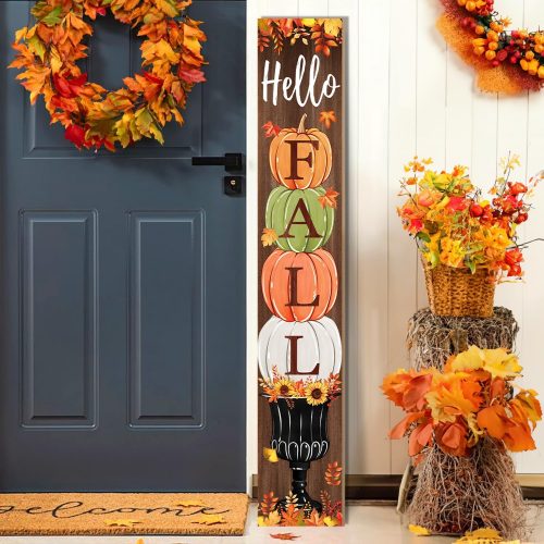 Fall Porch Sign, Hello Pumkpkin Sign for Front Porch, 3 Pumpkins Wooden Sign Yard, Vertical Wood Sign Standing for Patio Front Door Porch, Autumn Home Party Entryway Yard Wall Decor Indoor Outdoor, 47x8 inch