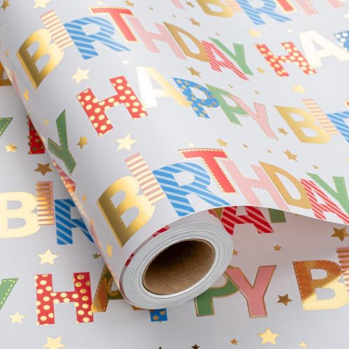 Merture Colorful Wrapping Paper Roll - Happy Birthday Gift Wrap - 17 In X 32.8 Ft - 1 Roll (46.5 sq.ft.ttl.) Foil Lettering & Candles Wrapping Paper for Baby Shower, Party