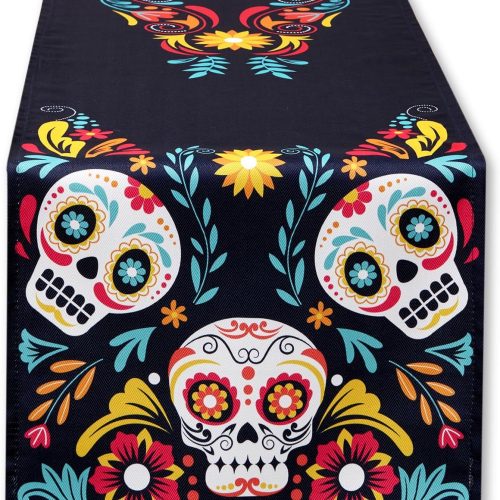 YiHomer Day of The Dead Halloween Tabletop - Dia De Los Muertos Floral Skeleton Mask, Cinco De Mayo Mexican Fiesta Party Home Kitchen Dining Room Decor, Sugar Skull, Tablecloth, 60" Round
