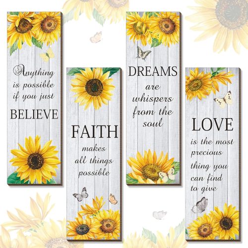 Qunclay 4 Pcs Sunflower Wall Decor Inspirational Sunflower Kitchen Decor and Accessories Wooden Rustic Farmhouse Yellow Flowers Wall Art Decoration for Home Bathroom Office Living Room(White)