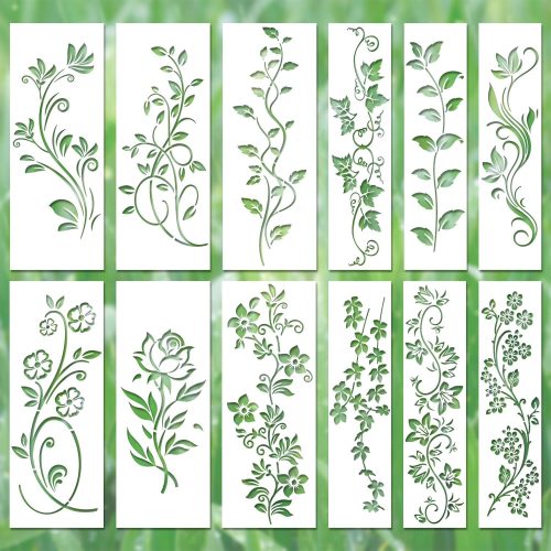 12pcs Leaf Vine Stencils, Leaves & Flower Stencil Reusable Floral Stencil Spring Drawing Templates for Painting on Walls DIY Craft Canvas Home Decor Wall Art