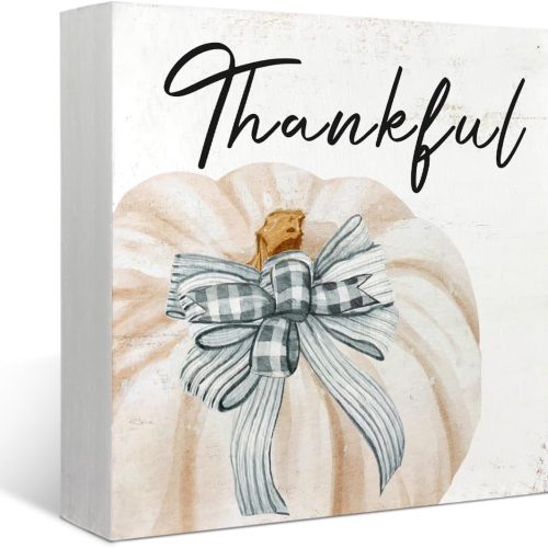 Mtrgdn Rustic Thankful Pumpkins Wooden Box Sign,Thanksgiving Gifts,Fall Thanksgiving Decoration for Home,Autumn Pumpkins Office Kitchen Batheroom Bedroom for Table Desk Shelf Wall Decor,5x5 Inch