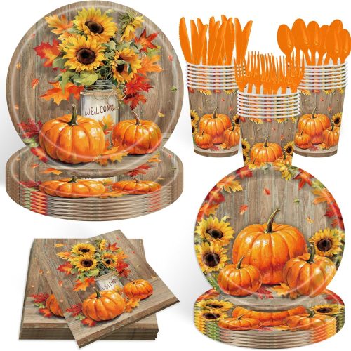 1 140Pcs Fall Thanksgiving Party Supplies Tableware Set for 20 Guests, Pumpkin Paper Plates and Napkins Cups Tablecloth Cutlery Straws for Autumn Harvest Party Decoration