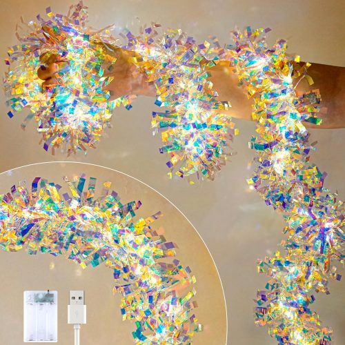 1 Christmas Garland with Lights, 2 Pack 16.4FT Iridescent Tinsel Garlands Battery Operated & USB, Shiny Foil Garland Christmas Decor, Garland for Staircase Indoor Outdoor Birthday Holiday Party Supplies