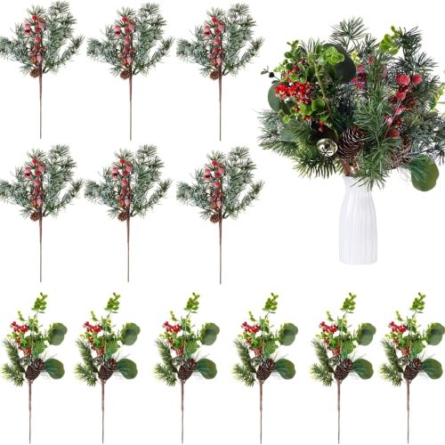 1 12 Pcs Artificial Christmas Picks Red Berry Pine Picks 12 Inch Berry Branches Holly Pine Flower Pick Berry Pine Cones for Christmas Crafts Winter Holiday Decoration