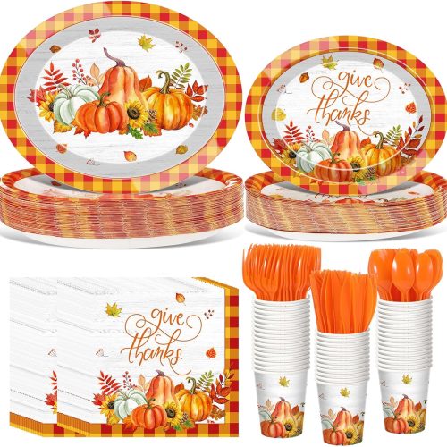 1 350 Pcs Fall Thanksgiving Party Supplies Give Thanks Tableware Set Buffalo Plaids Pumpkin Disposable Oval Plates Cups Napkins Fork Knife Spoon Dinnerware for Autumn Harvest Party(Red Orange)