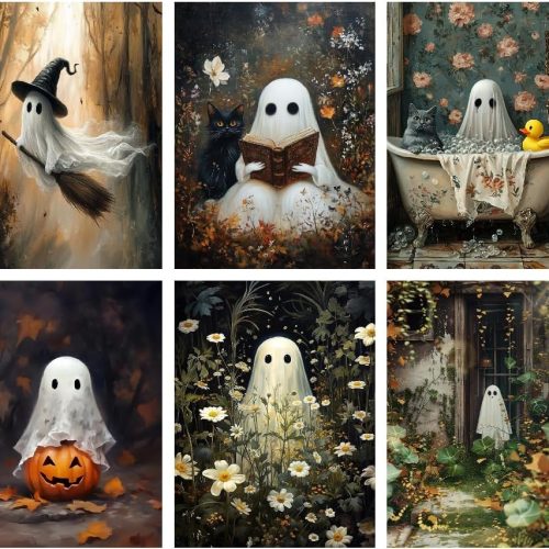 1 6 Packs Halloween 5D Diamond Art Painting Kits for Adults,Ghost Diamond Painting Kits for Beginners,Halloween Full Drill Diamond Dots,Gem Art Crafts for Adults Wall Decor 12x16in