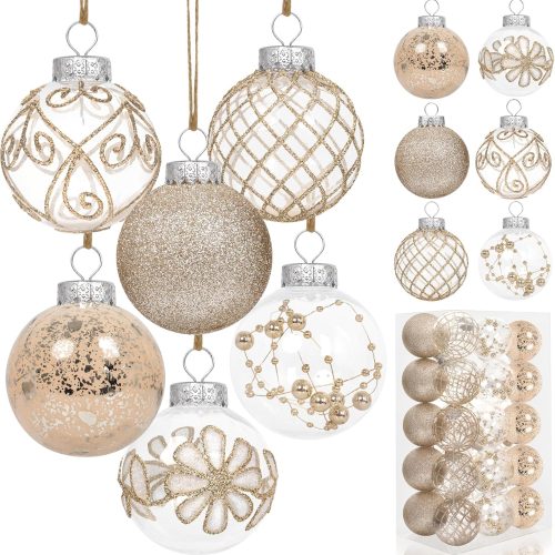 1 30PCS Christmas Ball Ornaments 60mm/2.36" Large Shatterproof Clear Plastic Farmhouse Rustic Champagne Christmas Ornaments Hanging Christmas Tree Decorations Set Xmas Party Home Decor in 6 Styles