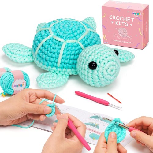 1 Crochet Kit for Beginners Level 1 with 40% Extra Eco-Friendly Pre-Started Easy Yarn, Step-by-Step Video Tutorials for Adults and Kids (Blue Sea Turtle)