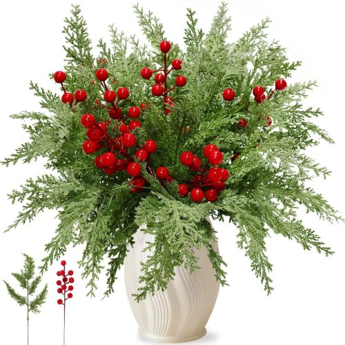 40 Pcs Christmas Artificial Pine Cypress Branches with Red Berry Stems 10.5" Faux Evergreen Norfolk Pine Leaves Stems Fake Foliage Pine Needles Picks for DIY Craft Garland Home Decor