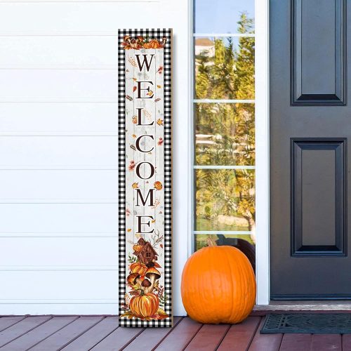 Fall Welcome Porch Sign Thanksgiving Day Wooden Door Sign 47" Large Buffalo Plaid Porch Sign for Pumpkin Sign Home Front Door Yard Party Decor