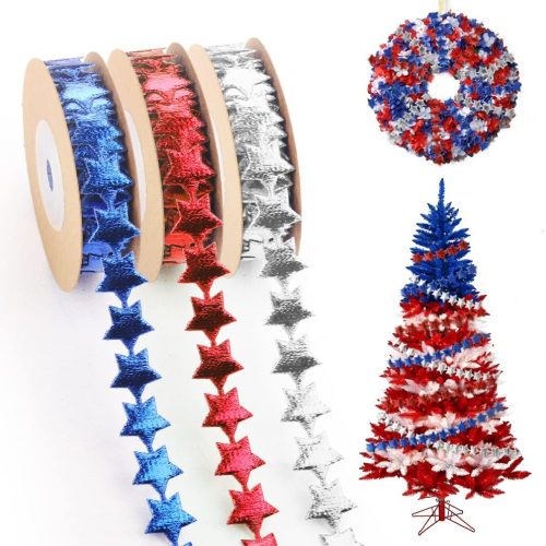 Threetols 3 Rolls 15 Yards Patriotic Star Ribbons, Christmas Blue Red Silver Glitter Ribbons Patriotic Star Shape Craft Ribbon Trim Embellishment for Gift Wrapping Veterans Day Party Decoration