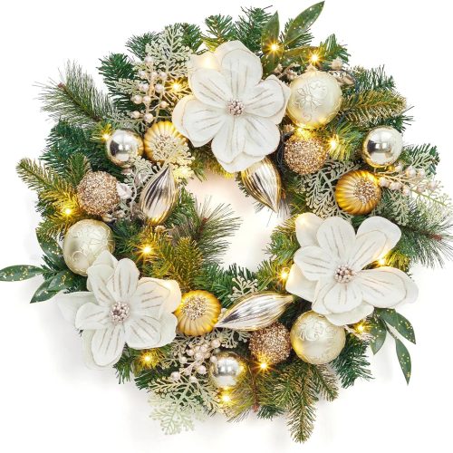 Adeeing Christmas Wreath with Lights, 24 in Outdoor Christmas Wreaths for Front Door, Battery Operated Xmas Wreath with Silver Blue Ball Ornaments Bow & 20 LED Lights for Home Holiday Decor
