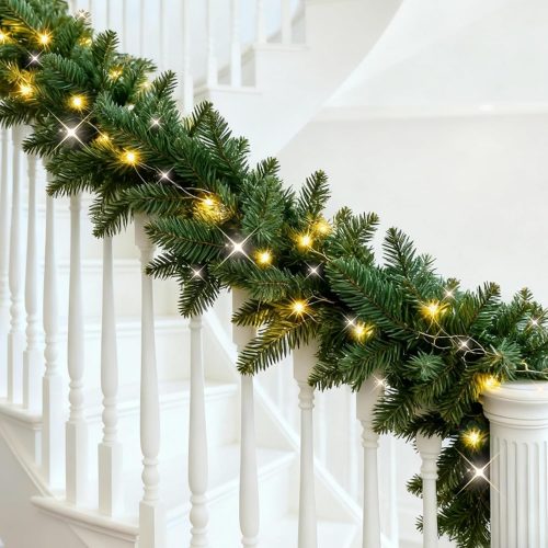 9FT Pre-lit Christmas Garland with Lights, Artificial Christmas Garland for Stairs Mantle Door Lighted, Battery Operated Garland with Timer for Home Décor