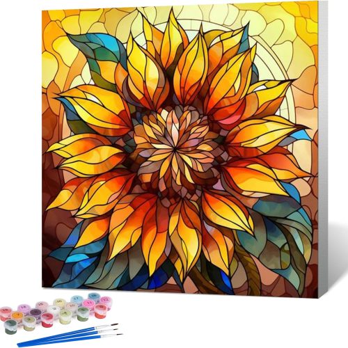1 Fountor Framed Paint by Numbers Kit for Adults Beginner & Kids Ages 8-12, Sunflower Paint by Number with Frame, DIY Easy Acrylic Stained Glass Sunflower Painting by Numbers Kit on Canvas 10x10 inch