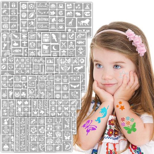 1 Yazhiji 390 PCS Temporary Tattoo Stencils, Face and Body Paint Stencils Kit, Girl Boy Glitter Tattoos Stencils Pack for Kids School Show Birthdays Halloween Christmas Party Favor Supplies