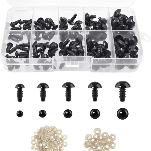 1 Quacc 100 PCS Safety Eyes with Washers, Black Plastic Toy Eyes for Crochet Crafts, DIY Craft Dolls, Stuffed Animals, Teddy Bears (6-12 mm)