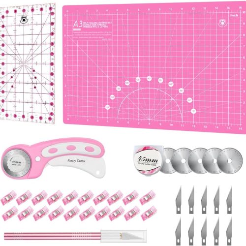 1 Headley Tools Rotary Cutter Set - 45mm Fabric Cutter, 5 Replacement Rotary Blades, A3 Cutting Mat, Quilting Ruler and Sewing Clips, Craft Knife Set, Ideal for Crafting, Sewing, Patchworking, Pink