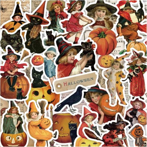 1 100 Pcs Vintage Witch Stickers for Kids, Retro Pumpkin Stickers for Scrapbook, Junk Journal, Collages, Halloween Party Favors, Waterproof Vinyl Stickers for Laptop, Phone, Window, Water Bottles