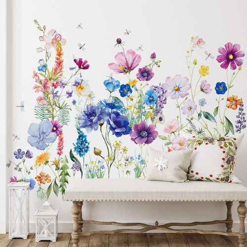 6 Pcs Flowers Wall Decals Stickers Vinyl Removable Peel and Stick Colorful Dragonflies Floral Wall Murals Decor for Bedroom Living Room Nursery(Beautiful)