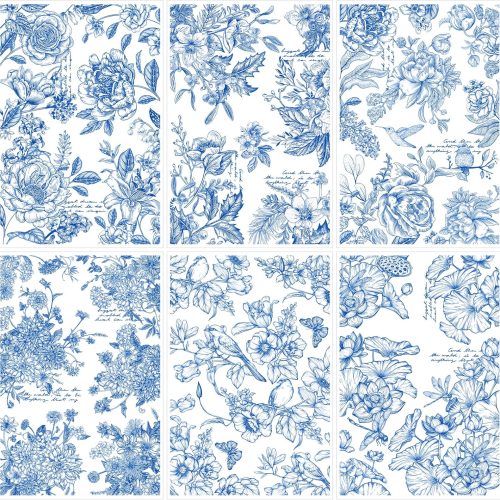 1 Blue Flower Rub on Transfers for Crafts - 6 Sheets Vintage Floral Rub on Transfers for Furniture Bird Butterfly Chinoiserie Style Rub on Transfer Decal Stickers for Wood DIY Craft Office Home Decor
