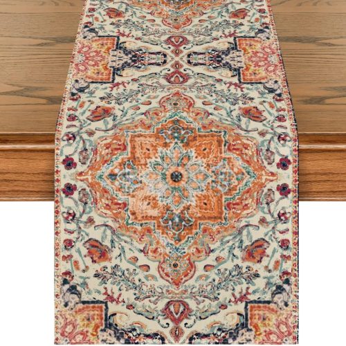 Boho Bohemia Style Orange Table Runner, Country Rustic Farmhouse Magical Fall Kitchen Dining Table Decoration for Home Party Decor 13x72 Inch