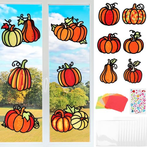 1 12 Pack Pumpkins Craft Kit Make You Own Pumpkin Stained Glass Craft Kit for Girls Boys Fall Window Stained Glass Suncatchers for DIY Fall Art Activities Autumn Thanksgiving Decorations