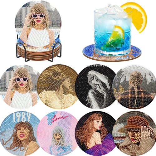1 8 Pcs Diamond Art Coasters Kit for Adults,Diamond Painting Coaster Set with Holder, DIY Bead Art Craft, Paint by Diamonds Art Coasters, Singer Merch Gifts for Girls and Women