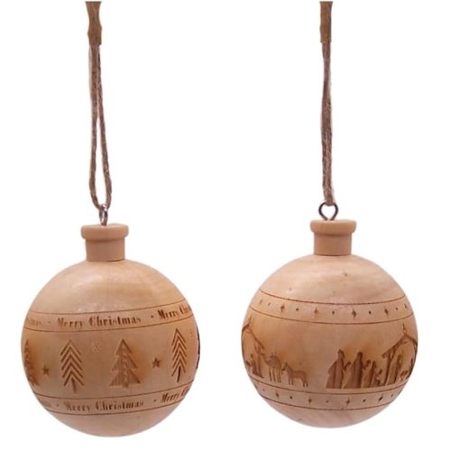 1 Set of 4 Wooden Ball Christmas Ornaments, Festive Hanging Holiday Décor, Assorted Designs, 2.4 Inches