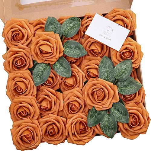 1 Burnt Orange Flowers Artificial Rose, 25pcs Faux Flowers for Decorations, Fake Foam Roses Bulk with Floral Arrangements Wedding Bouquets Bridal Shower Party Home Decor