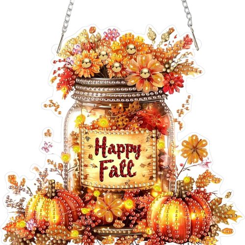 1 Halloween Diamond Art Hanging Kits for Adults Beginners, DIY Acrylic 5D Special Shaped Crystal Diamond Gem Art Painting Hanging Ornament for Home Wall Decor and Gift(Happy Fall Vase Pumpkin)