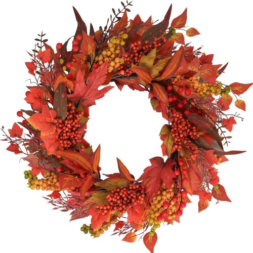 1 22 Inch Fall Wreath for Front Door - Artificial Maple Leaf Wreath with Pumpkin & Eucalyptus Leaves, Thanksgiving Farmhouse Wreaths for Indoor Outdoor Door Wall Decor (Pumpkin)