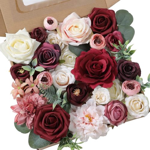 1 Artificial Flowers Combo Set Fake Flower Leaf Box with Stems for DIY Wedding Bouquets Centerpieces Flower Arrangements Decorations Baby Shower Party Home Decorations (Burgundy)