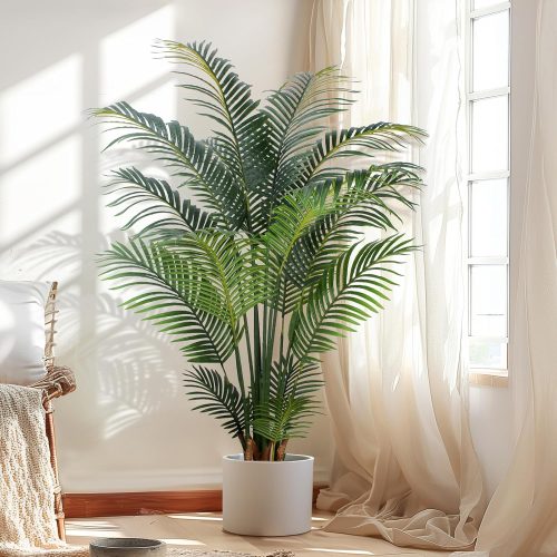 1 Artificial Tropical Palm Plant - 5 Ft Artificial Tree with Plastic Pot for Office and Home Decor, Tall Faux Plants for Indoors and Outdoors, Artificial Silk Palm Housewarming Gift,K150