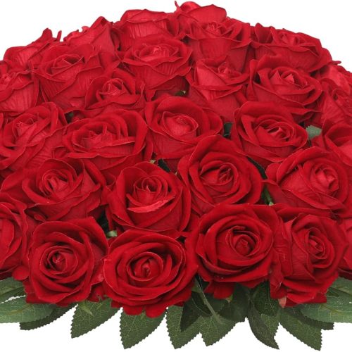 1 Roses Artificial Flowers,Realistic Silk Roses,Fake Roses Flowers Bulk,Artificial Roses Bouquet with Long Stems for DIY Home Wedding Centerpieces Party Decorations (Red, 72PCS)