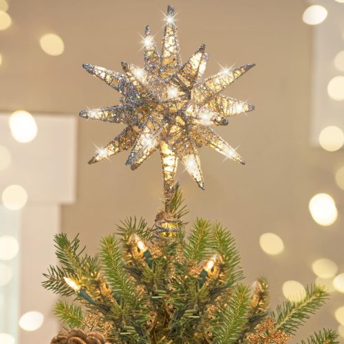1 Christmas Tree Topper, 3D Starburst Lighted Tree Topper, Plug in Christmas Star with Timer & Remote Control, Light Up Xmas Vintage/Modern Decorations for Holiday, Silver