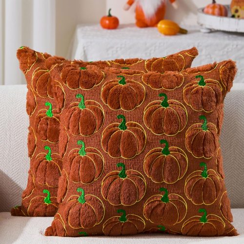 Fall Pillow Covers 20x20 Set of 2 Fall Decorations Autumn Rust Pumpkin Throw Pillow Cases Soft Plush Faux Fur Wool Couch Cushion Case for Chair Sofa Living Room Home Decor PTK041D20