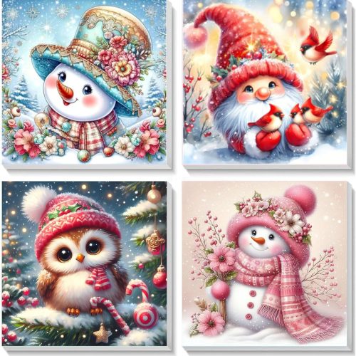 1 4 Pack Christmas Paint by Number for Kids with Wooden Frame, Paint by Numbers for Kids Xmas Ages 4-8-12, Easy Gnome Snowmen Owl DIY Acrylic Oil Painting Kits for Home Wall Decor (8X8 inch)