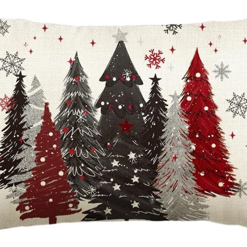 1 Red and Black Merry Christmas Trees Snowflake Throw Pillow Cover, 12 x 20 Inch Seasonal Winter Holiday Cushion Case Decoration for Sofa Couch
