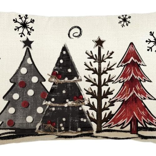 1 Watercolor Red and Black Buffalo Plaid Christmas Trees Throw Pillow Cover, 12 x 20 Inch Seasonal Winter Holiday Cushion Case Decoration for Sofa Couch