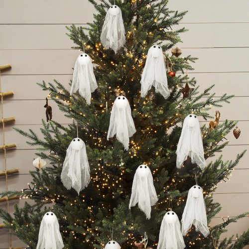 1 Small Hanging Ghost Halloween Decor Cute White Ghosts with Eyes Halloween Decorations Outdoor Tree Yard Classroom Living Room Scary Mini Ghost Garland Party Decorations (Pack of 12)
