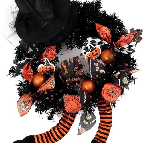 1 Happy Halloween Wreath for Front Door Decoration with Skeleton Artificial Bone Orange Ornaments Maple Leaf for Party Decor (Halloween Orange)
