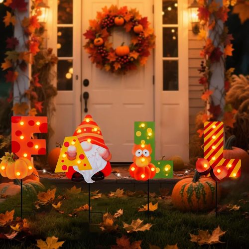 1 Fall Yard Decor Outdoor Autumn Harvest Garden Stakes with LED Light Autumn Two Turkeys Yard Sign with Stakes Fall Thanksgiving Decoration for Home Outside Lawn Garden Holiday Decor